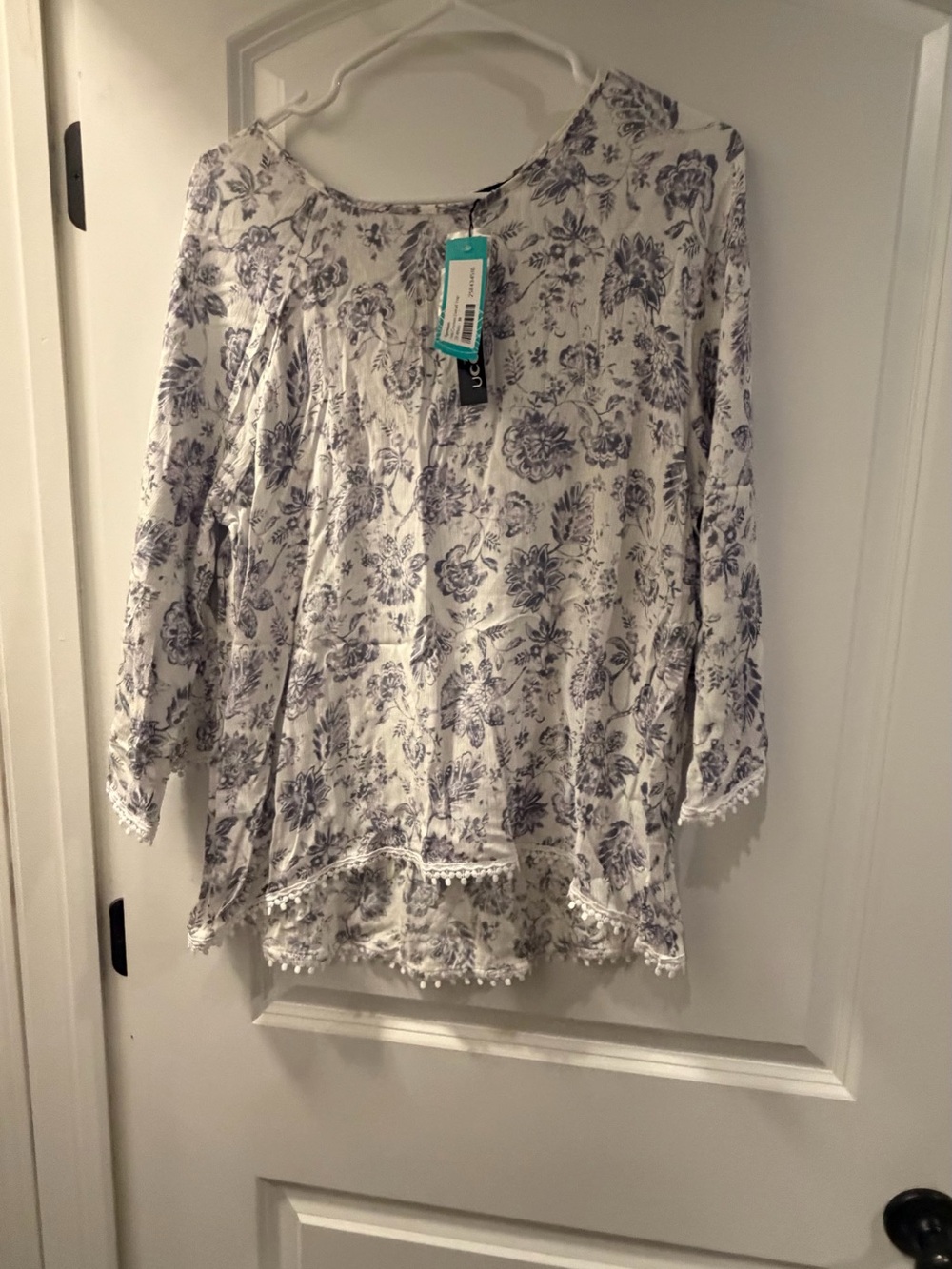 Papermoon White Tunic with Blue Floral Print & Pom-Pom Hem